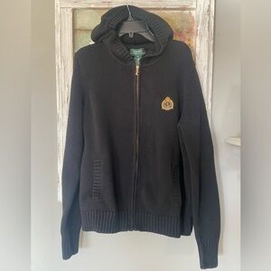 Ralph Lauren Double RL Black Hooded Zip Sweater with Gold Crest